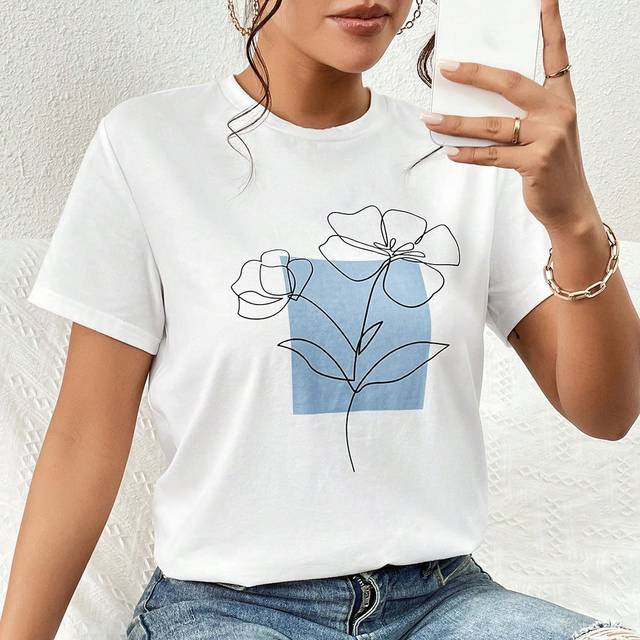 SHEIN Flower Printed Short Sleeve Round Neck T-Shirt