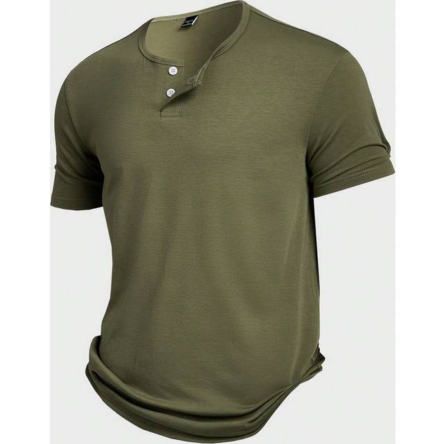 SHEIN Men Short-Sleeved Beach Plain T-Shirt With Henley Collar, For Workout