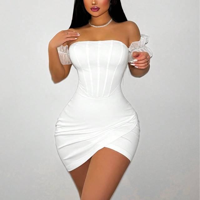 Sirith Ladies&#39; Solid Color Asymmetric Hem Off-Shoulder Dress Mini Short Women Outfit