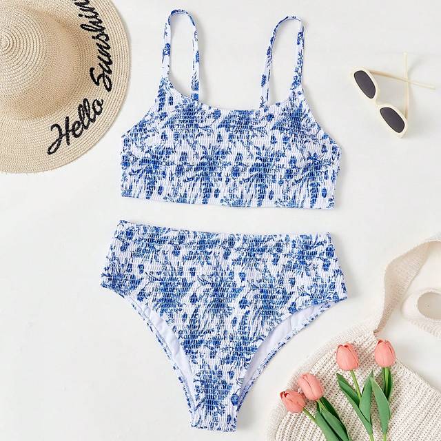 Plus Storlek Blommigt Mönster Vadderad Bikini Set - Blå (0XL,1XL,2XL,3XL,4XL)