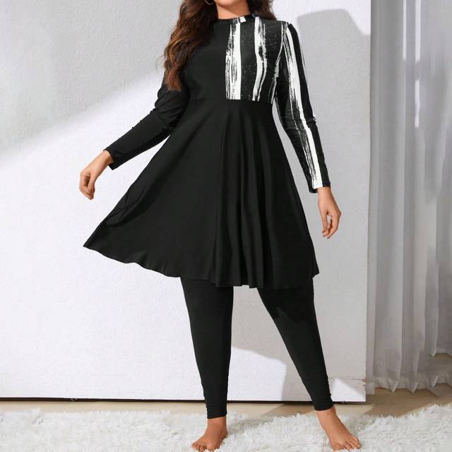 Swim Mulvari Summer Beach Plus Size Women&#39;s Brush Print Long Sleeve Tankini, Modest Swimwear