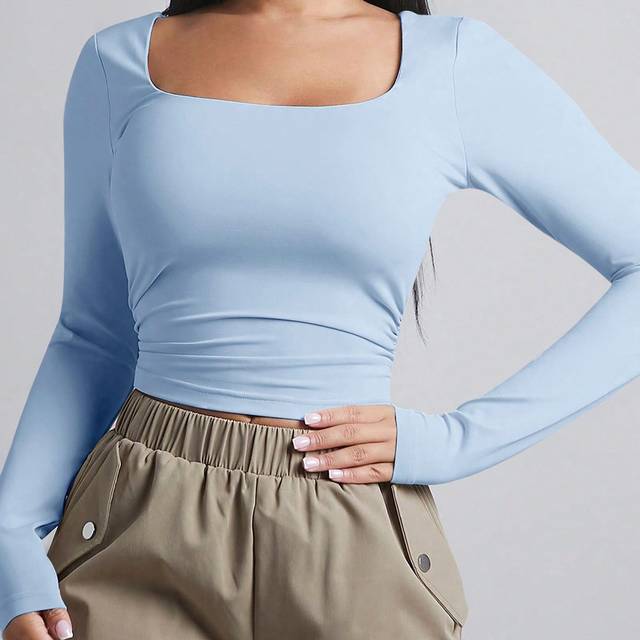 SHEIN Women&#39;s Solid Color Square Neck Long Sleeve T-Shirt Square Neck Long Sleevesquare Neck Toplight Blue Toptight Topsbasic Top