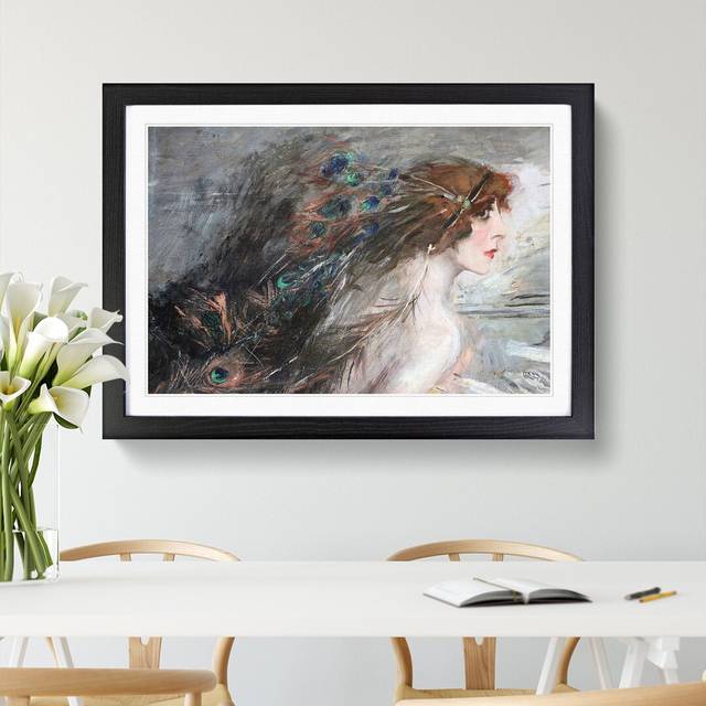 Woman with Peacock Feathers by Giovanni Boldini - Picture Frame Painting - Black Framed (27cm H x 36cm W x 2cm D)