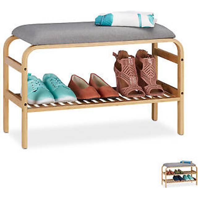 Bamboo Shoe Bench, 3 Pairs of Footwear, Hallway, Bathroom, Leveled, Wardrobe Bank HxWxD: 46x69x30 cm, Natural - Relaxdays