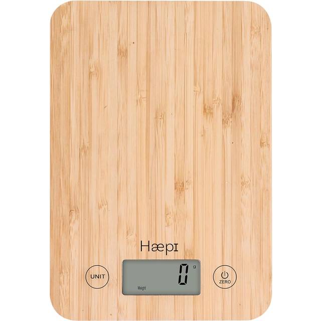 Haepi, Elektronisk köksvåg i bambu med hög precision 5 000 g/1g, tarafunktion, flytande funktion, design, bambubricka, batterier ingår, 15 års garanti
