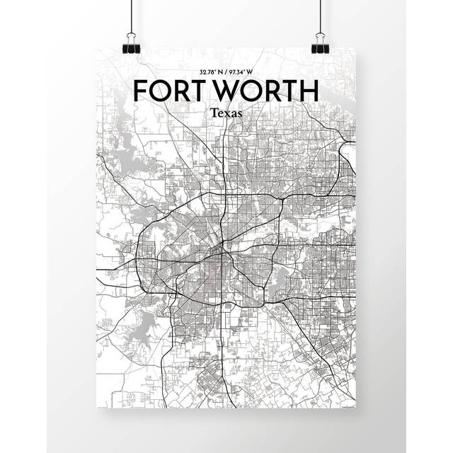 Fort Worth City Map - Unframed Graphic Art Print on Paper - White (91.4cm H x 61cm W x 0.1cm D)