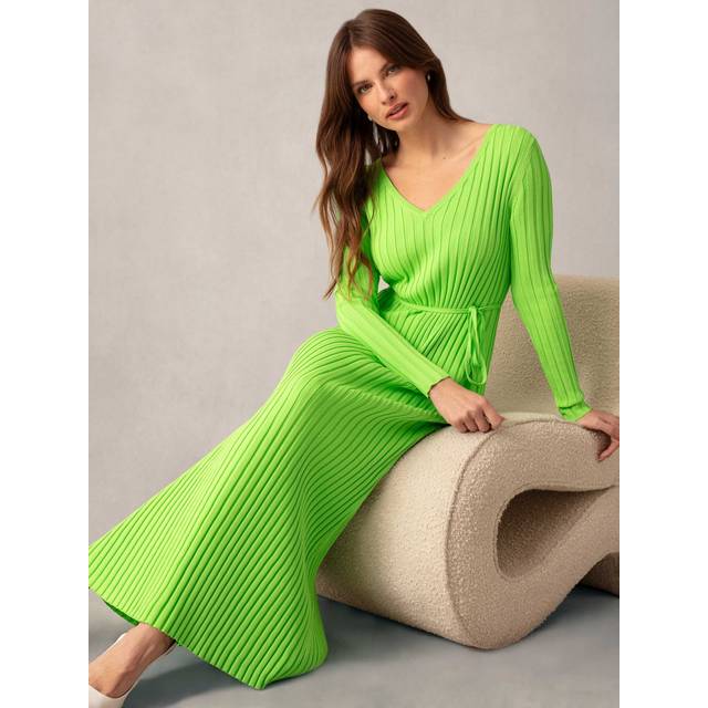 Lime Wide Rib Knit V Neck Dress - Green (10)