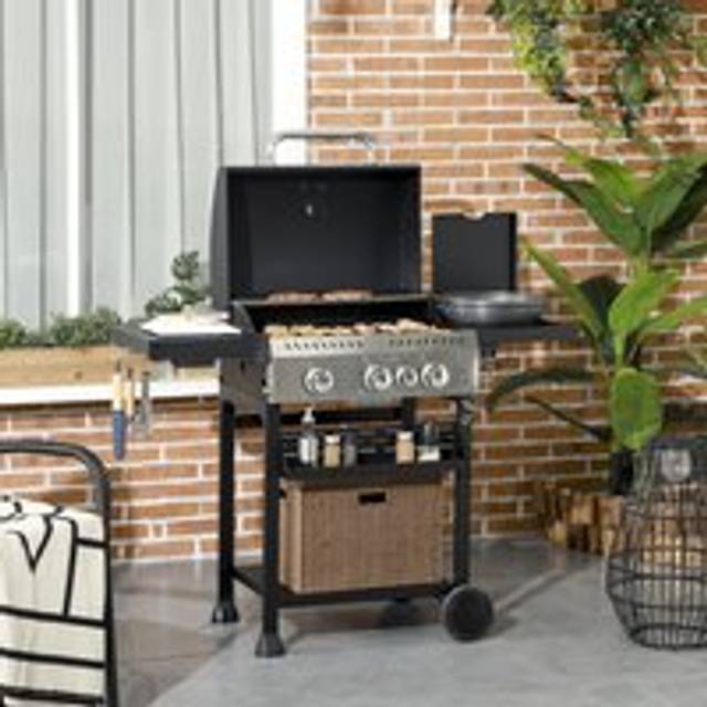 Outsunny 3+1 Burner Gas Bbq Grill, Outdoor Barbecue Trolley With Wheels, Warming Rack, Side Shelves, Cabinet, Thermometer For Garden, Party, Camping,
