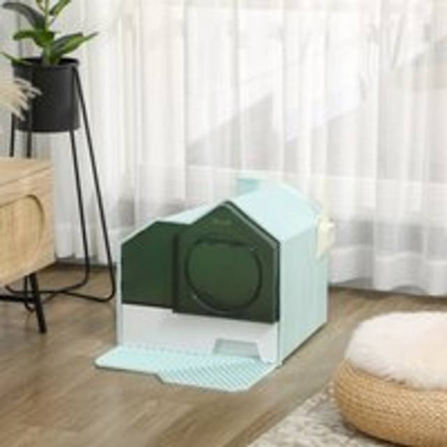 PawHut Hooded Cat Litter Tray w/ Scoop - Drawer Pan Handle Deodorants Light Blue | TJ Hughes