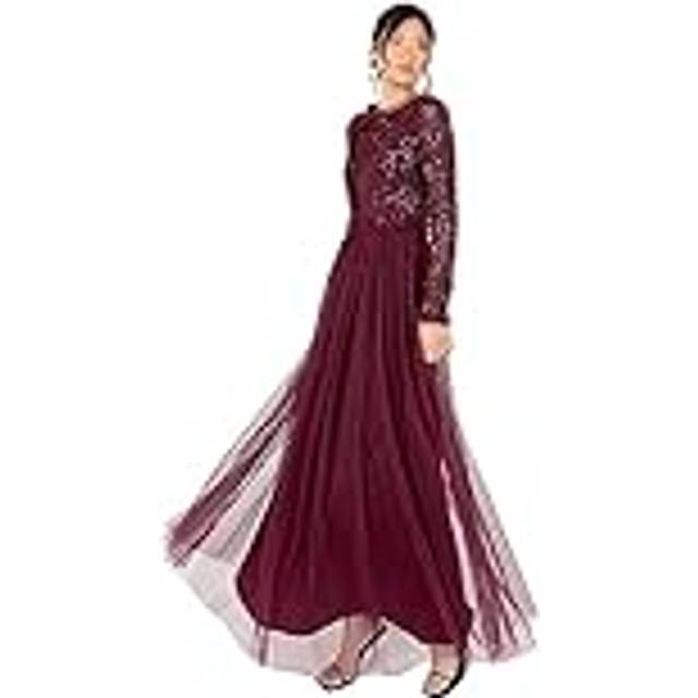Maya Deluxe kvinnor kvinnor maxi kvinnor crew neck långärmad paljett Embellished tyll ruffle för bröllop gäst bridesmaid boll klänning, röd, 50