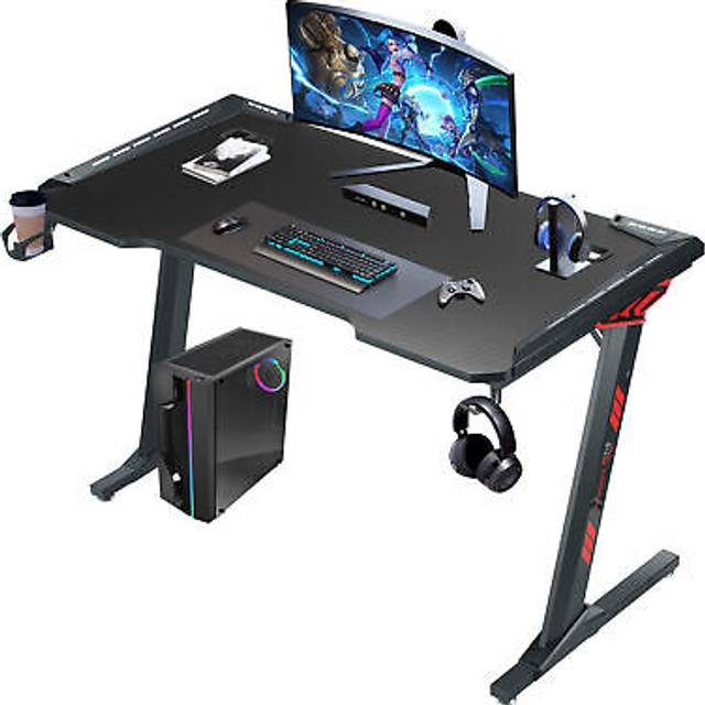 HLONONE Spelbord 140 x 60 cm, Spelskrivbord, stabilt Gamingbord med hörlurskrok och mugghållare, kolfiberbeläggning PC bord, ergonomiskt datorbord för kontor, hemmakontor, svart