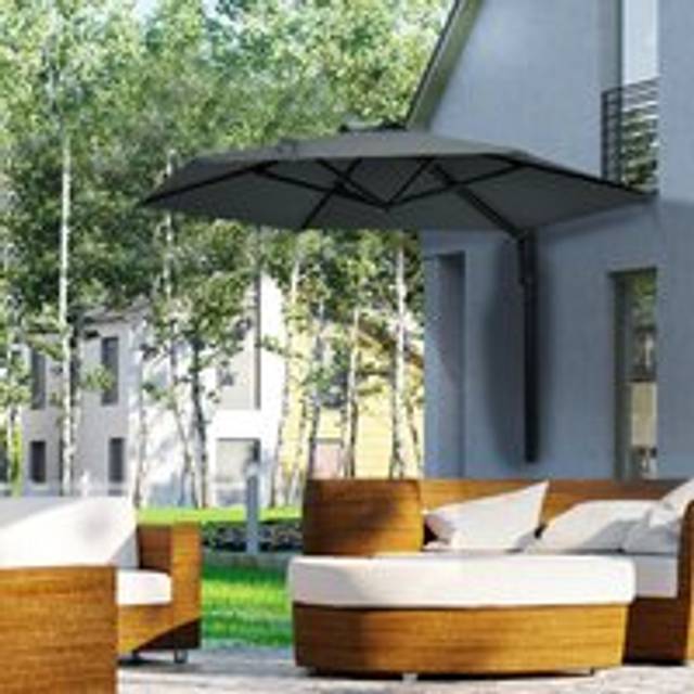 Outsunny Wall-Mounted Parasol Patio Umbrella With Hand To Push System - Khaki/Grey - Dark Grey | TJ Hughes