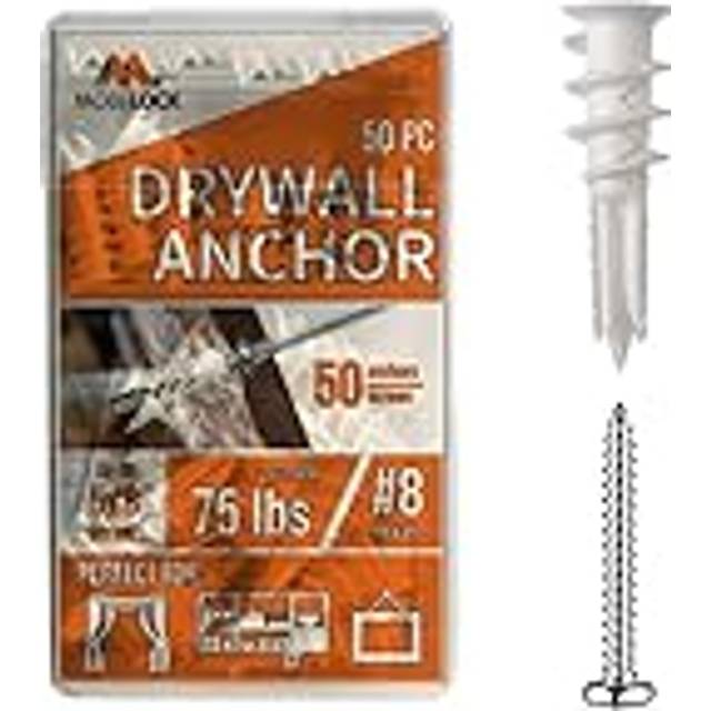 Pack of 50 Self Drilling Drywall Anchors #8 and 50 Philips Pan Head Self Tapping Screws for Gypsum Boards & Drywalls or Plasterboard - Holds up to 75