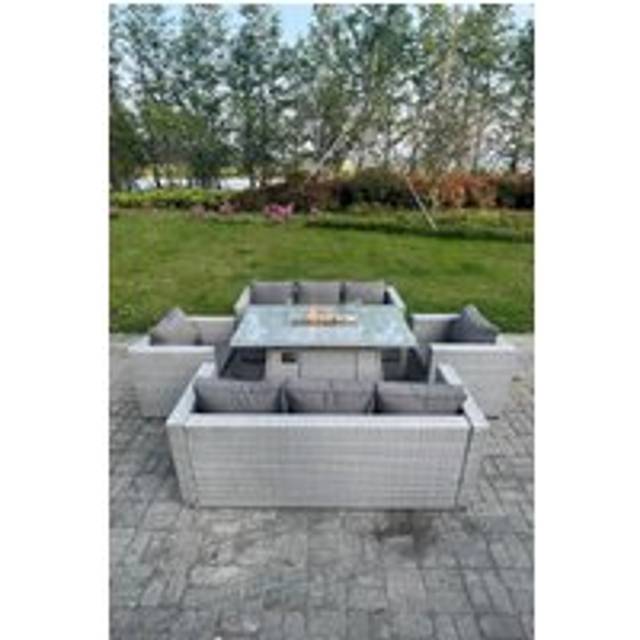 Fimous Rattan Garden Furniture Set with Gas Fire Pit Dining Table, 2 Sofas & 2 Chairs - 8 Seater - Light Grey
