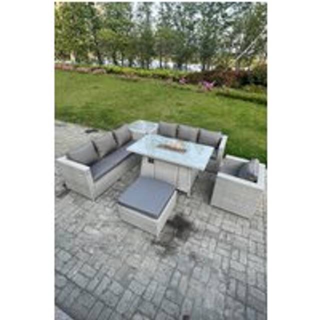 PE Rattan Garden Sofa Set with Fire Pit Table - Weatherproof, 7-Seater, Modern Outdoor Lounge | Wowcher - Grey