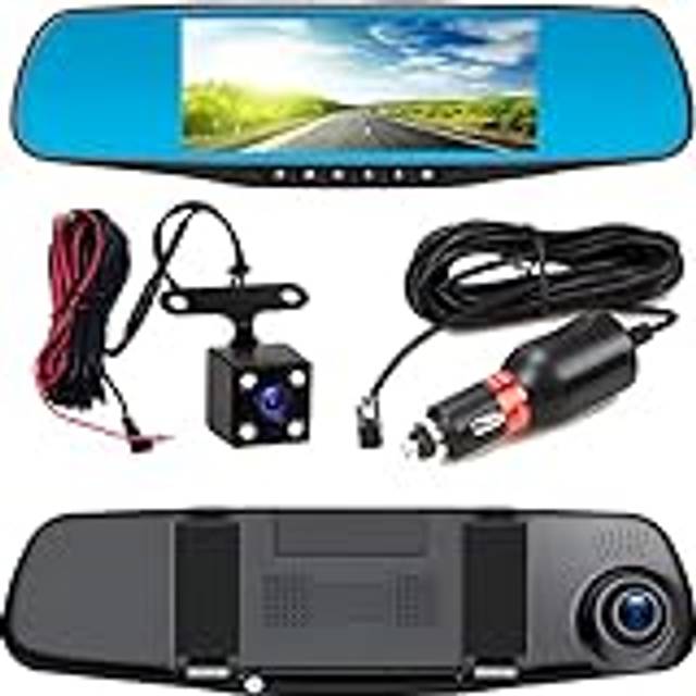Retoo Full HD bilspegel instrumentbräda kamera med backkamera med mörkerseende, loop inspelning och 4,3 tums display, 170° fram / 120° bak, 1080P dubbel bilkamera, parkeringsmonitor, back monitor