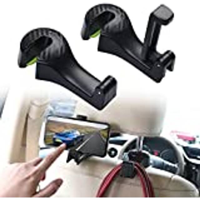 Car Back Seat Hook, 2 In 1 Car Headrest Hidden Hook, Car Headrest Hooks with Locking Design with Phone Holder, 2 Pack 360 Rotation Universal Vehicle