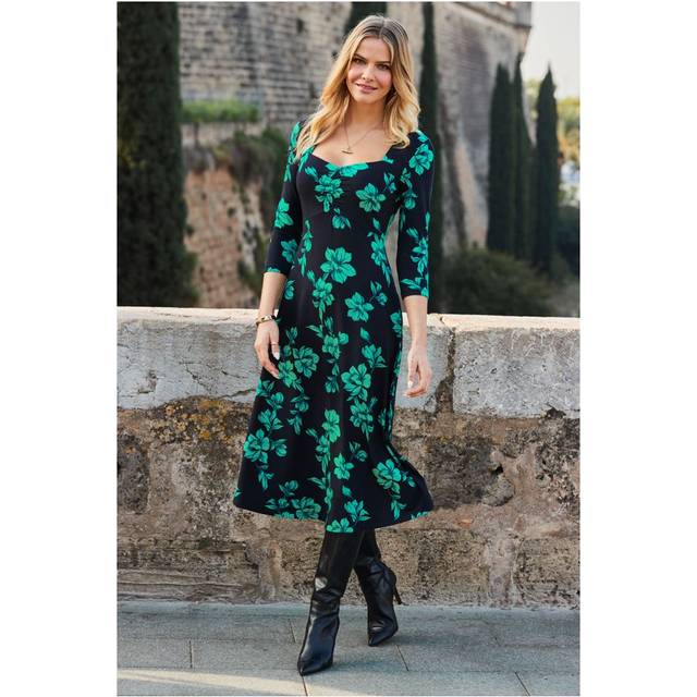 Sosandar Womens Black & Green Floral Print Sweetheart Neckline Midi Jersey Dress - Size 10 UK
