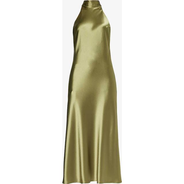 Galvan Womens Olive Sienna Halterneck Satin Midi Dress 8 - OLIVE