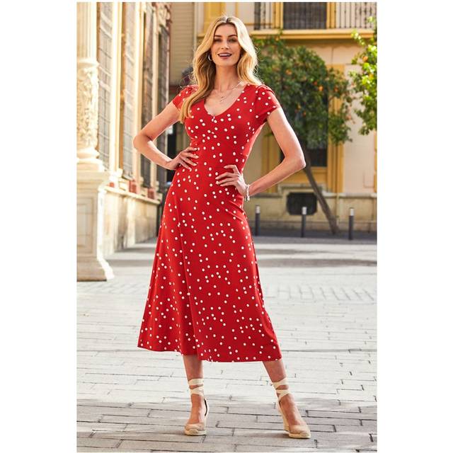 Sosandar Womens Red & White Spot Print Short Sleeve Jersey Maxi Dress - Size 12 UK