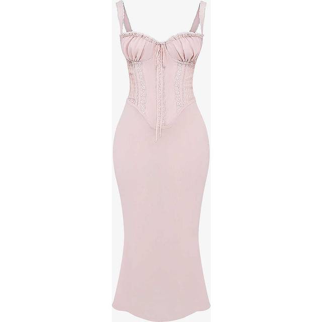 House of Cb Womens Soft Peach Syrah Corseted Lace-up Satin Midi Dress Xs - SOFT PEACH