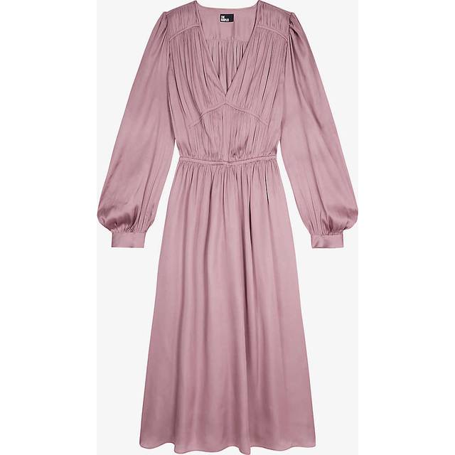The Kooples Womens Dark Purple Pleated V-neck Satin Midi Dress Xs - DARK PURPLE