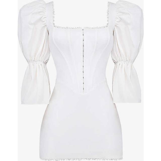 House of Cb Womens White Matilda Corseted Puffed-sleeve Stretch Cotton-blend Mini Dress L - WHITE