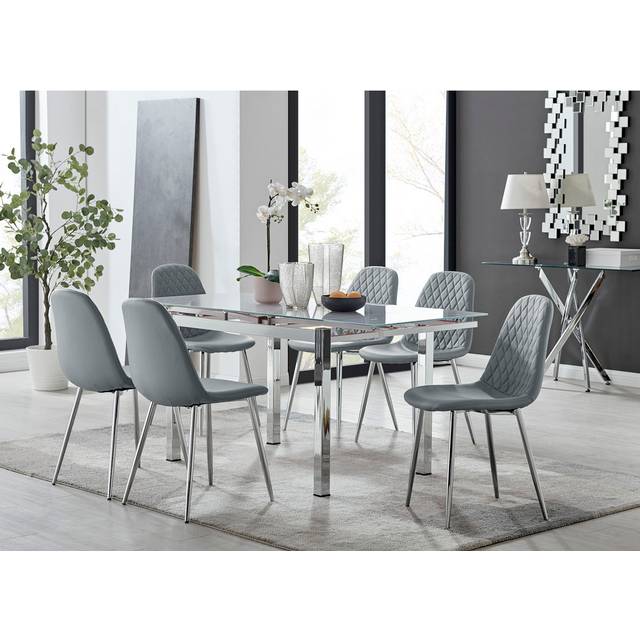 Tierra Modern Glass & Metal Extendable Dining Table Set & 6 Luxury Faux Leather Dining Chairs - Chrome (6)