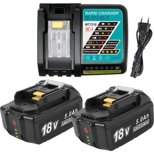 VOLT1799 2 stycken 5,0 Ah litiumjonbatteri för Makita 18 V batteri BL1850 BL1860 BL1840 BL1830 LXT-400 med LED-display ersättning 6,5 A DC18RC laddare
