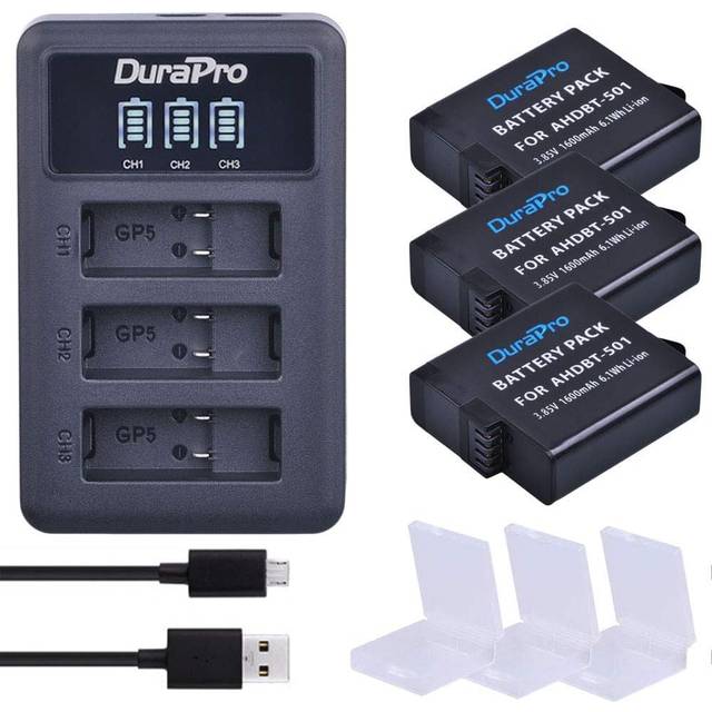 DuraPro 3 st batteri för GoPro Hero 7 Hero 6 Hero 5 batterier + snabb LED 3-fack USB-laddare med typ C-port för Gopro-tillbehör (kompatibel med GoPro Hero5 alla firmwares v02.00, v02.01)