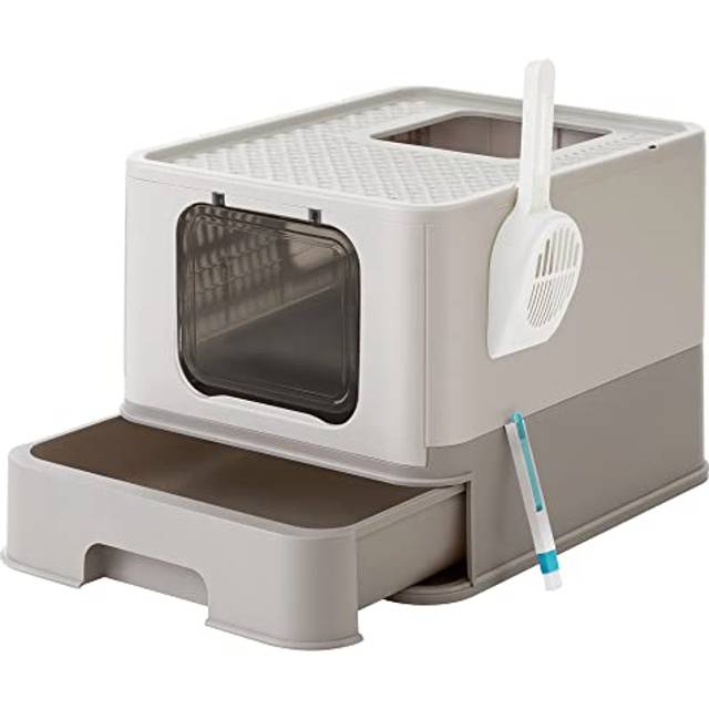 Anti-Leaking Hidden Cat Litter Box with Hood and Slide-Out Tray, Oatmeal and Warm Gray