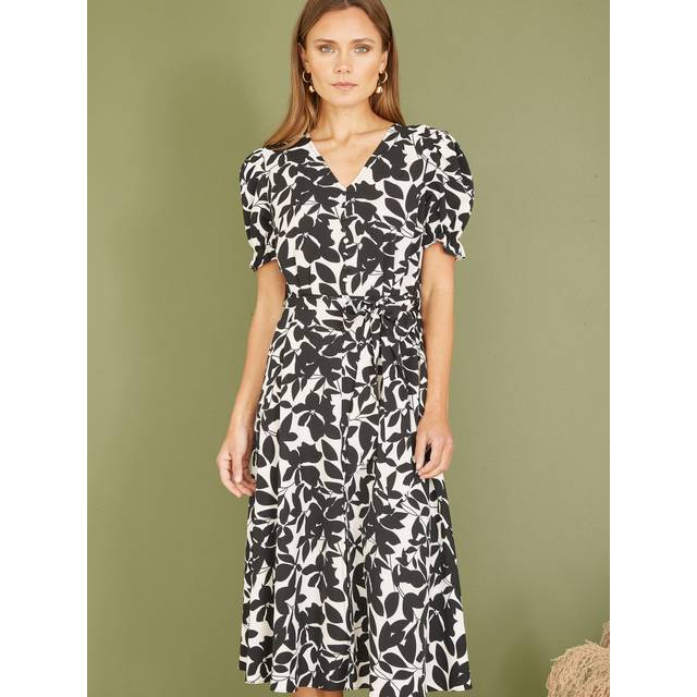 Mela London Womens Black And White Leaf Print Midi Tea Dress - Size 10 UK