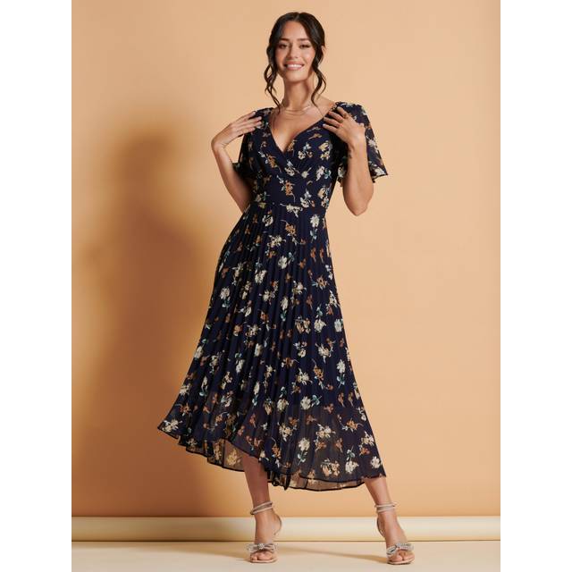 Angel Sleeve Pleated Chiffon Maxi Dress - Navy - 12