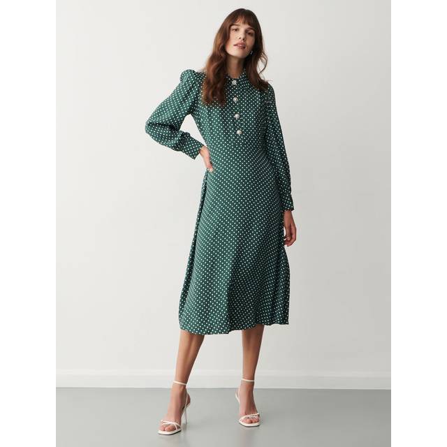 Rosa Green Polka Dot Crepe Midi Dress Size: 14
