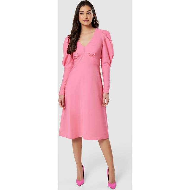 Closet London V-Neck Puff Sleeve Midi Dress, Pink