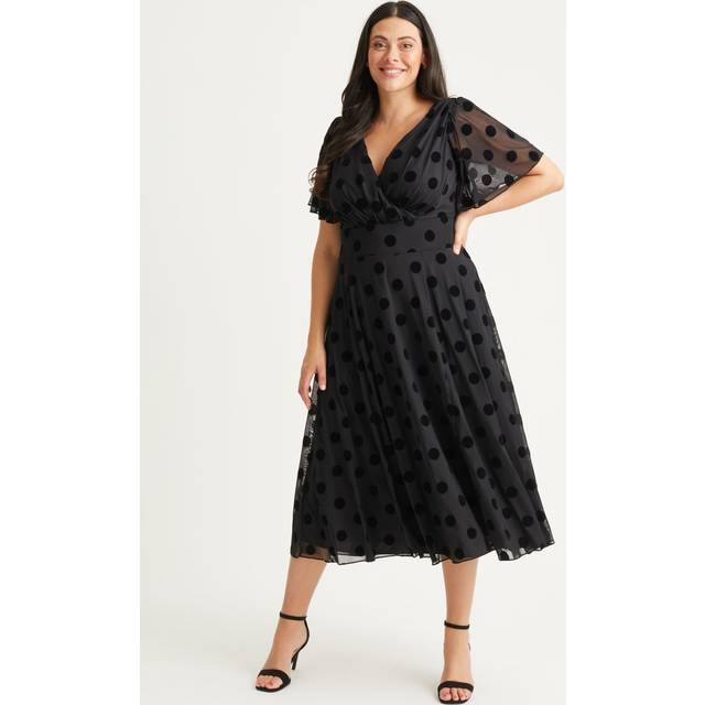 Scarlett & Jo Victoria Spot Print Angel Sleeve Midi Dress, Black Flock