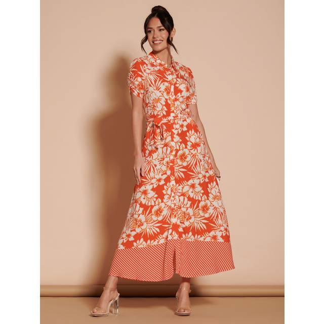 Elsie Floral Viscose Shirt Maxi Dress - Orange - 10