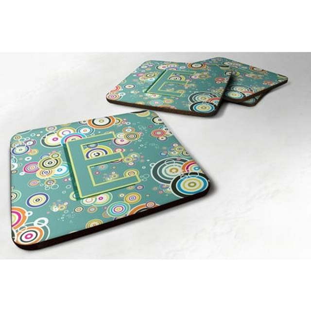 """""Caroline's Treasures CJ2015-EFC Letter E Circle Teal Initial Alphabet Foam Coasters (Set of 4)  3.5""""""""  Multicolor"""""