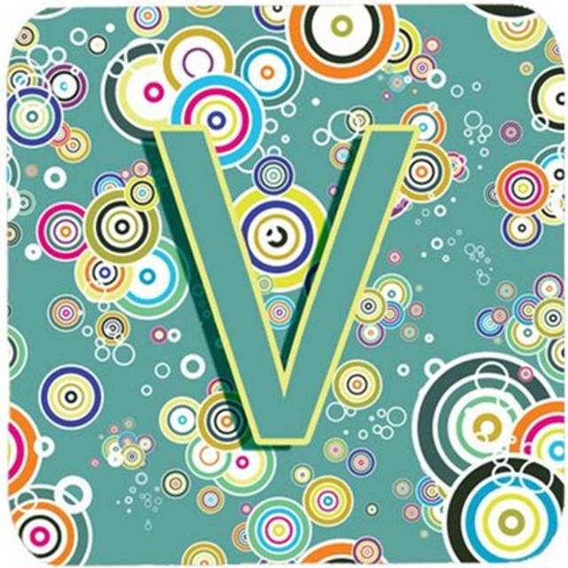 """""Caroline's Treasures CJ2015-VFC Letter V Circle Teal Initial Alphabet Foam Coasters (Set of 4)  3.5""""""""  Multicolor"""""