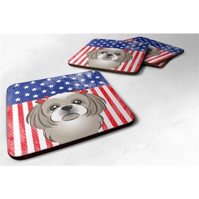 """""Caroline's Treasures BB2180FC American Flag And Gray Silver Shih Tzu Foam Coaster (Set of 4)  3.5""""""""  Multicolor"""""