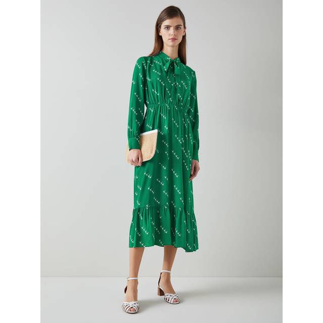 L.K.Bennett Bridget Monkey Print Silk Blend Midi Dress, Green/Cream