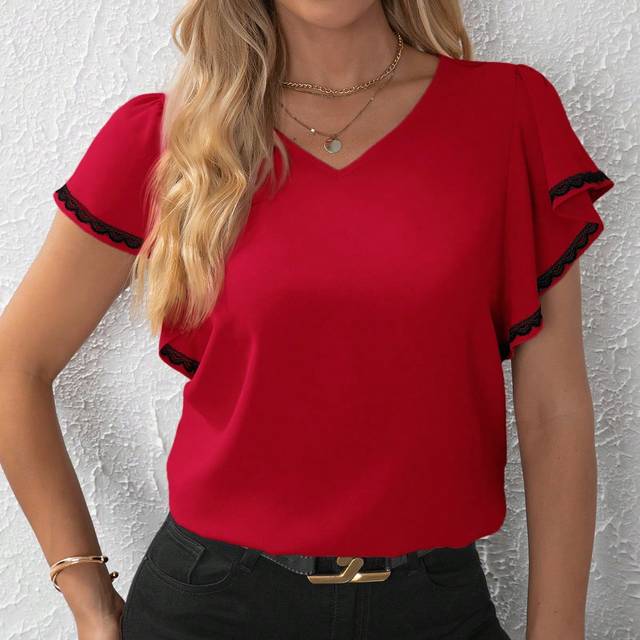 SHEIN Women&#39;s Color Block Lace Flower Embellished Ruffle Edge Blouse,Short Sleeve Tops