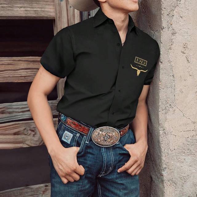Manfinity Men Embroidered Western Style Graphic Short Sleeve Shirt, For Hunting, Cowboy, Husband
