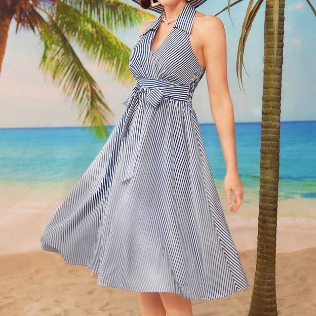 Vintamour Vintage Striped Halter Neck Vacation Dress For Spring Summer Spring Outfits Easter Dress Easter Dress Beach Women Outfits Summer Clothes Off Shoulder