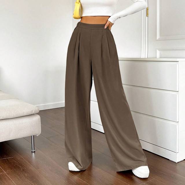 SHEIN Ladies&#39; Solid Color Pleated Wide Leg Pants
