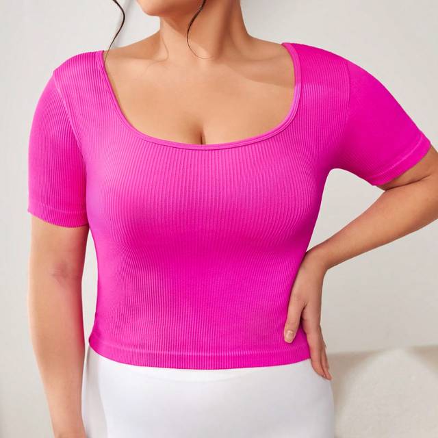 SHEIN Plus Size Solid Color Ribbed Knitted Sports T-Shirt