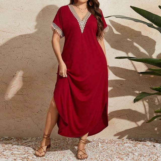 Plus Size Kvinnor Spets Kortärmad Lång Klänning för Nyår, Sommar Outfit - Röd (0XL,1XL,2XL,3XL,4XL)