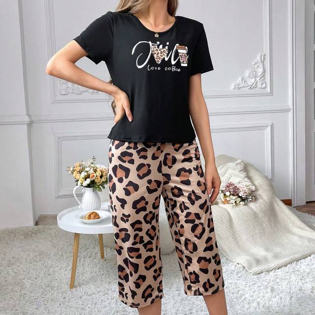 Leopard & Kaffe Färg Tryckt Kort Ärm Topp Och Byxor Kvinnors Pyjamasset - Multifärgad (L,M,S,XL)