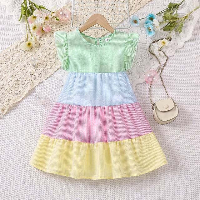 SHEIN Young Girl Color-Block Striped Ruffle Hem Dress