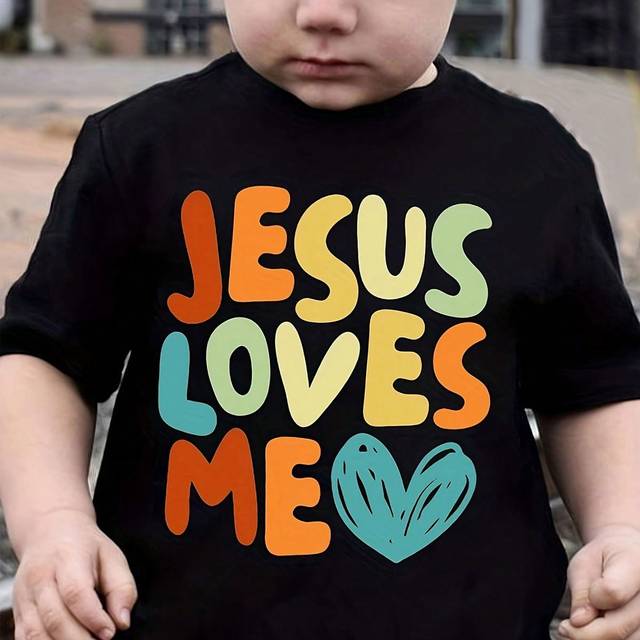 2024 vår/sommar ung pojke Trendig och stilig hjärta-slogan T-shirt med rund hals - Svart (6Y,7Y,8Y,9Y,10Y,11-12Y,4Y,5Y,13-14Y)